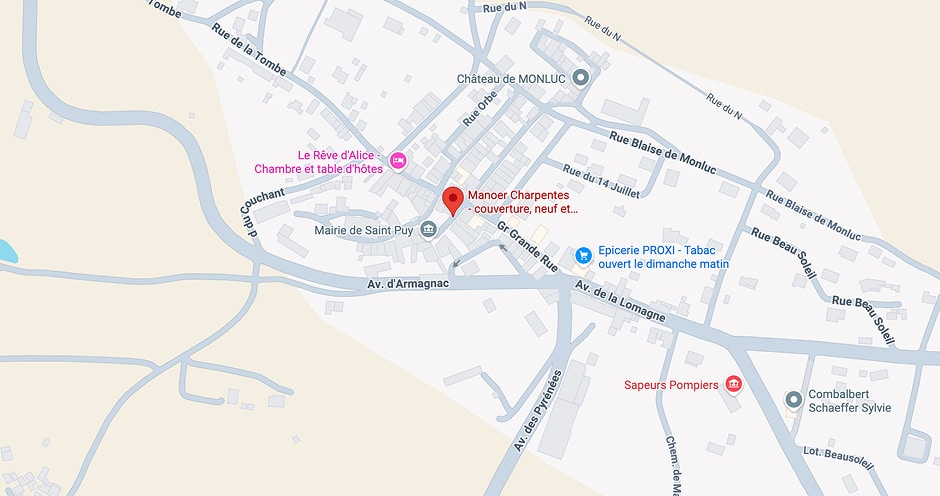 Manoer Charpentes Saint Puy : Plan et adresses locales Carte centrée sur Manoer Charpentes, près de la Mairie de Saint Puy, indiquant la Gr Grande Rue, Av. d'Armagnac et divers commerces.